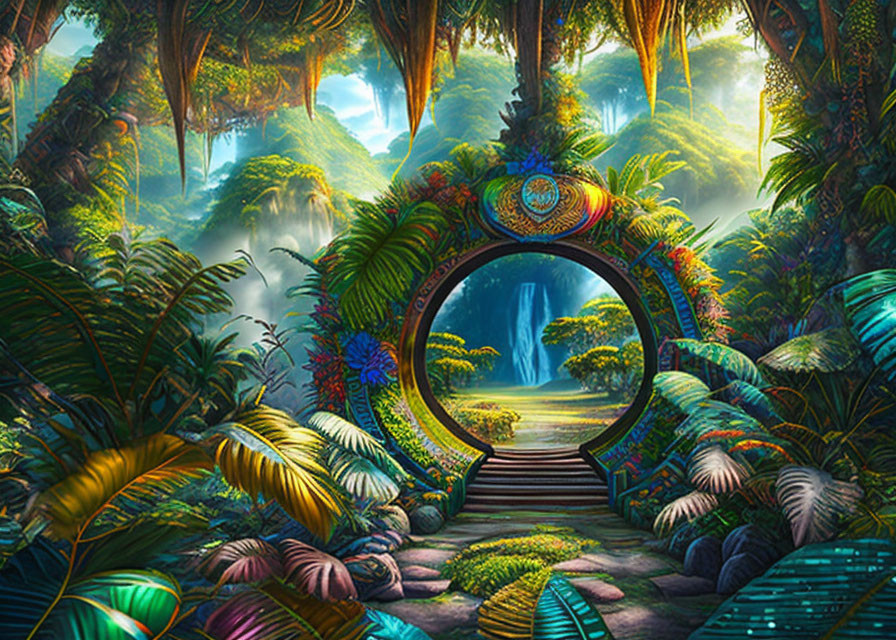 Colorful circular gate in vibrant mystical forest with distant waterfall