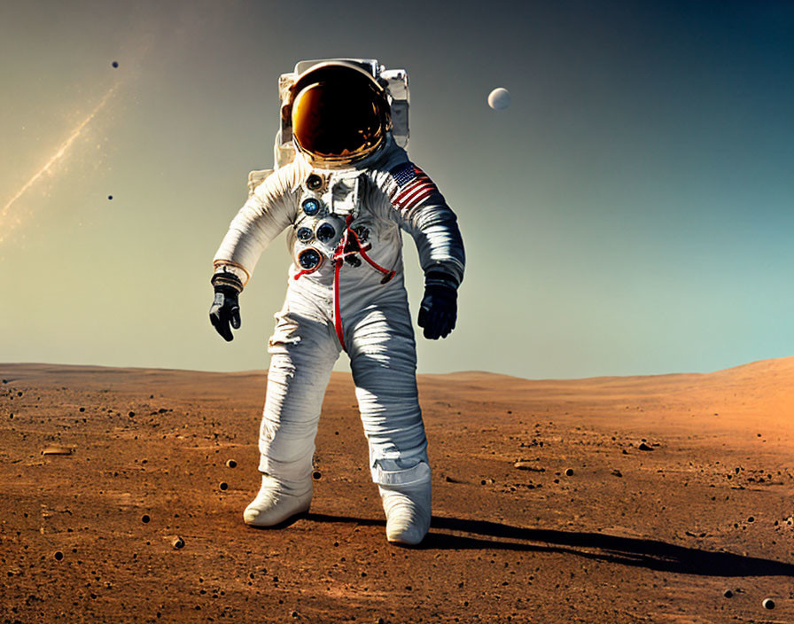 Astronaut in white space suit on Mars-like terrain with American flags