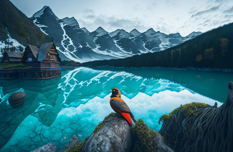 Bird perched on moss-covered wood near turquoise lake, wooden house, and mountain at dusk