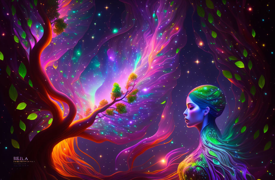 Vibrant woman's hair merges into cosmic tree in surreal artwork