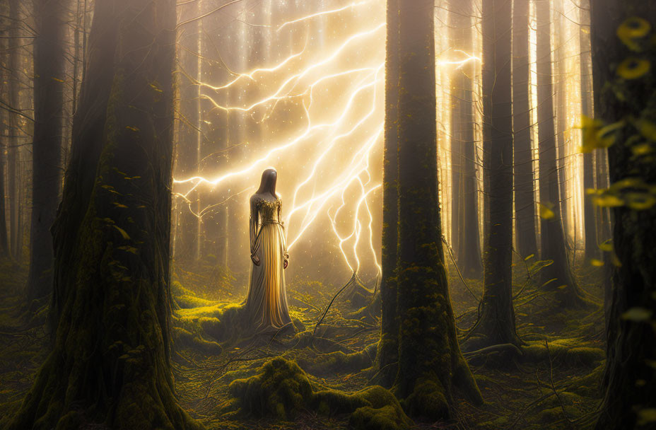 Mystical Figure in Enchanted Forest with Light Beams