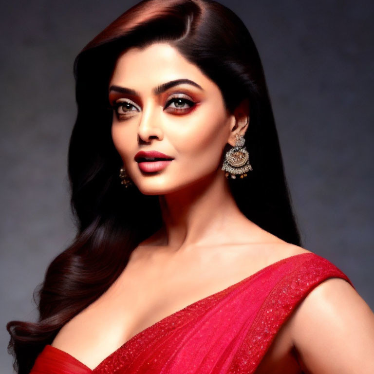 Styled woman in red outfit with bold makeup against grey backdrop