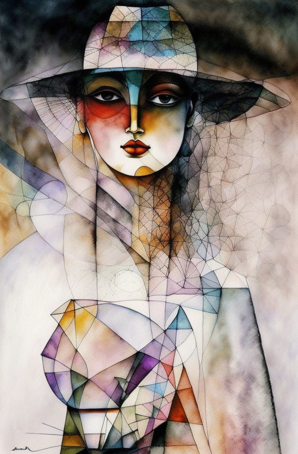 Abstract watercolor painting: Stylized woman with geometric face and wide-brimmed hat in warm