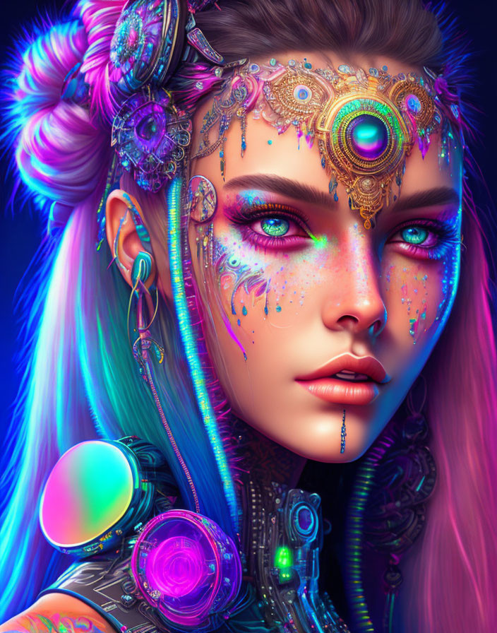 Colorful digital artwork: Woman with cybernetic enhancements, vibrant hair, and facial jewelry on blue