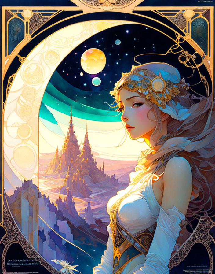 Fantasy illustration of ethereal woman with lunar motifs and whimsical castle