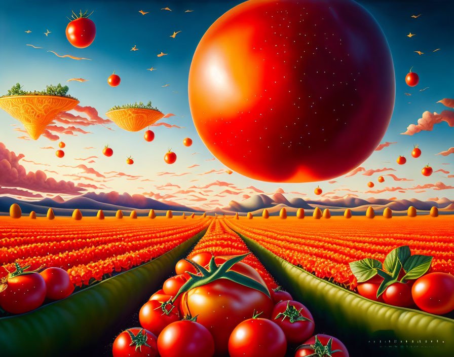 Colorful landscape with floating tomato and lettuce islands