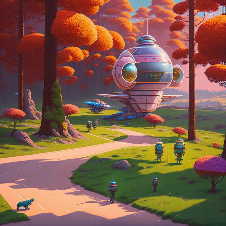 Futuristic landscape with hovering spaceship and robots walking dogs in vibrant setting