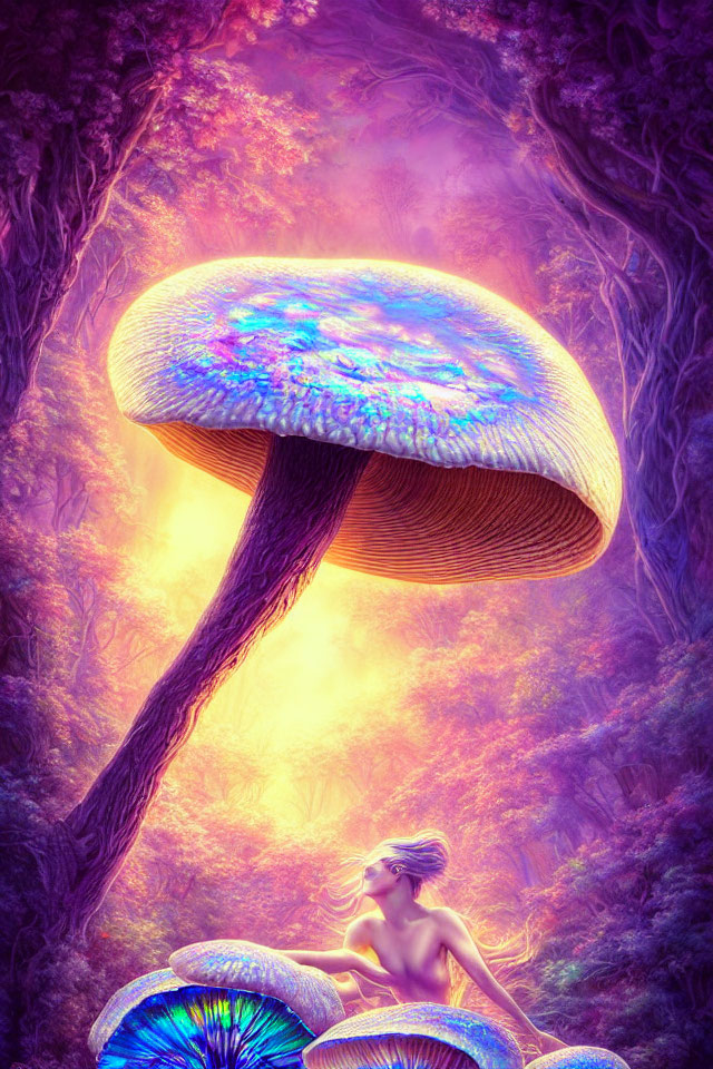 Woman sitting on luminous mushrooms in mystical forest with large iridescent mushroom against purple and golden backdrop