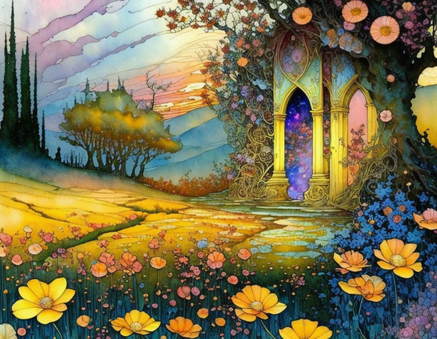 Illustration of mystical tree with glowing doorway in vibrant twilight scene
