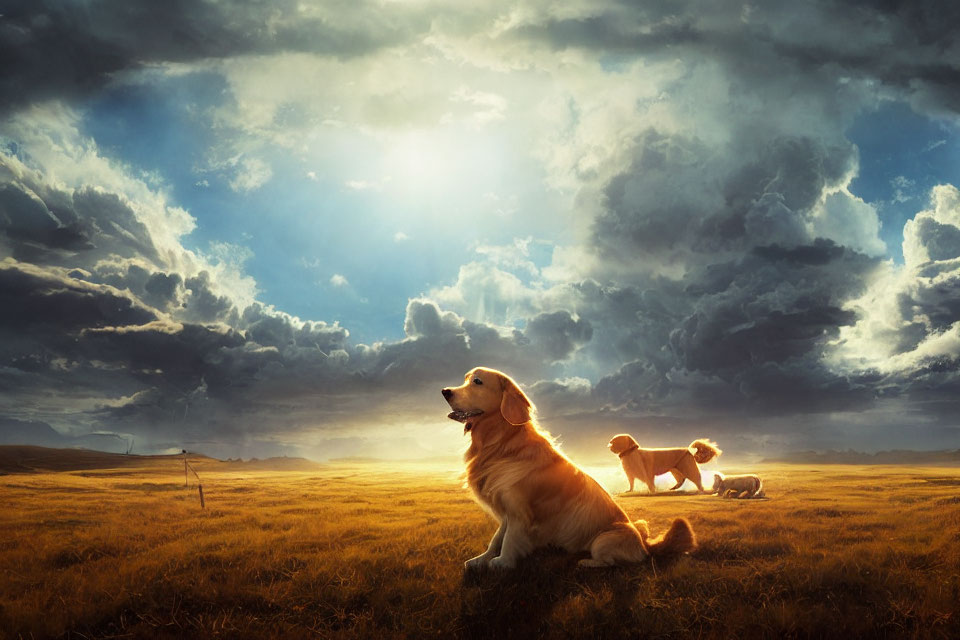 Three Golden Retrievers in Sunlit Field with Dramatic Clouds