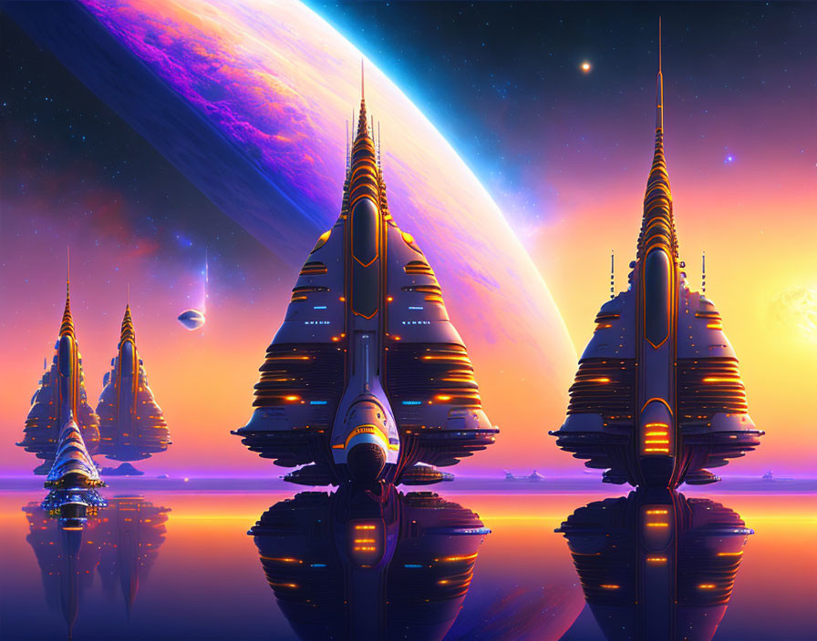 Futuristic cityscape with towers, purple sky, planet, and spaceships