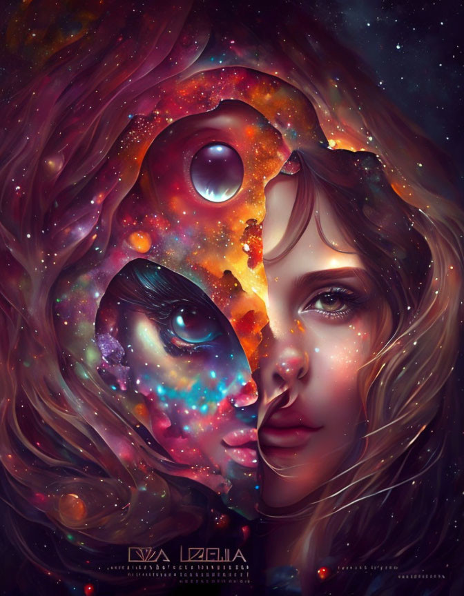 Surreal artwork: Woman's face merges with cosmic scene