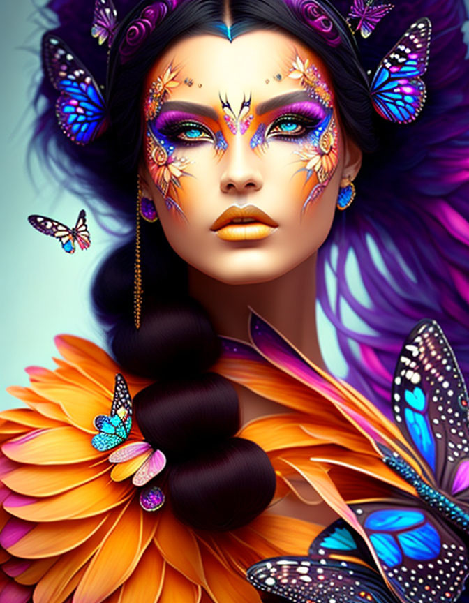 Woman with Vibrant Butterfly Makeup and Purple Hair Surrounded by Butterflies