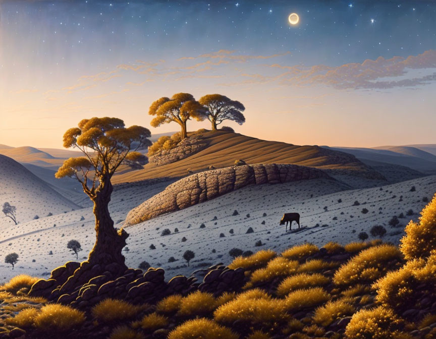 Surreal landscape with elephant, rolling hills, yellow trees, starry sky