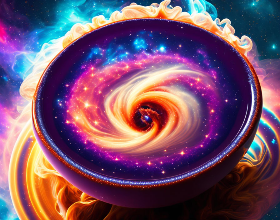 Colorful digital artwork: Coffee cup merges with swirling galaxy