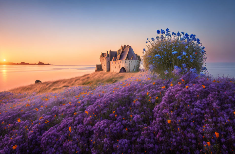 Castle surrounded by purple wildflowers at sunrise