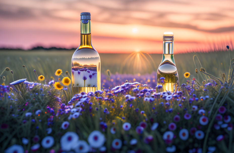 Clear liquid bottles in colorful meadow at sunset