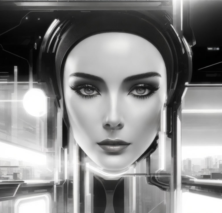 Female-presenting android with dark hair in headset, against futuristic cityscape.