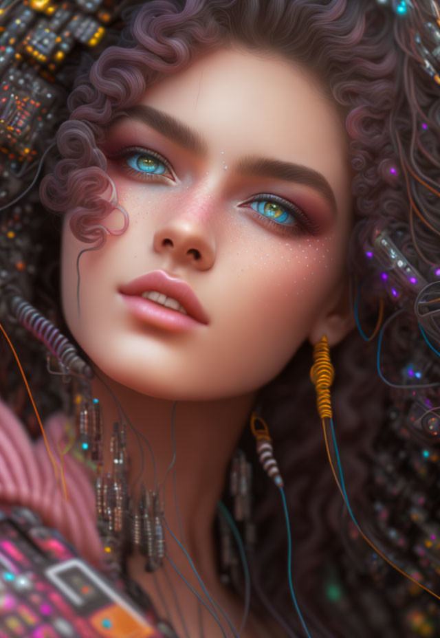 Detailed digital artwork featuring person with turquoise eyes, freckles, colorful makeup, and curly hair with