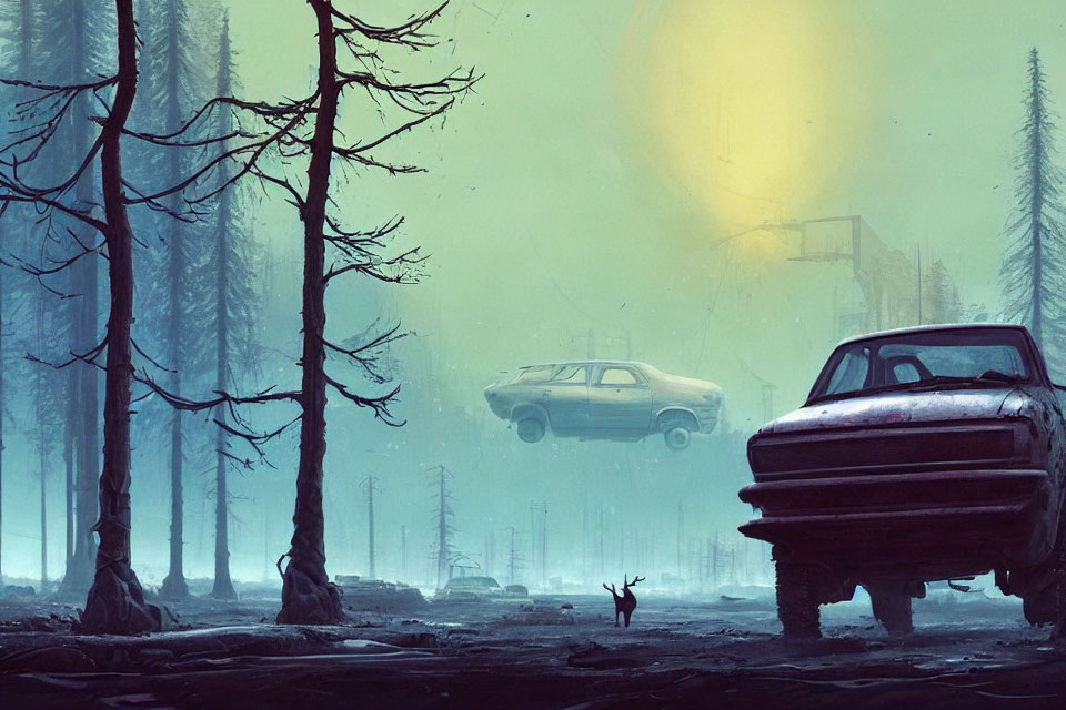 Barren trees, floating car, and eerie yellow sky in dystopian scene