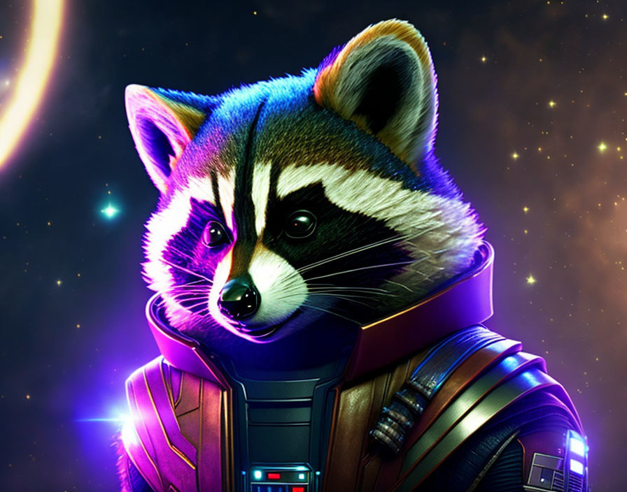 Futuristic raccoon character in cosmic suit with vibrant starry backdrop