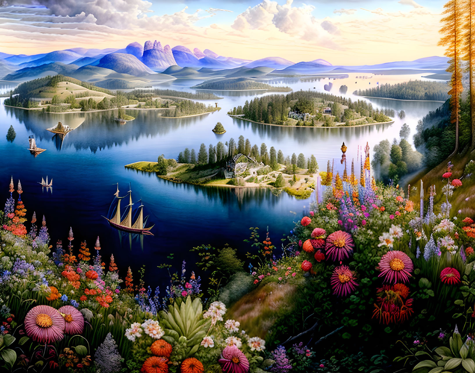 Serene lake landscape with islands, mountains, forests, flowers, and sailboats