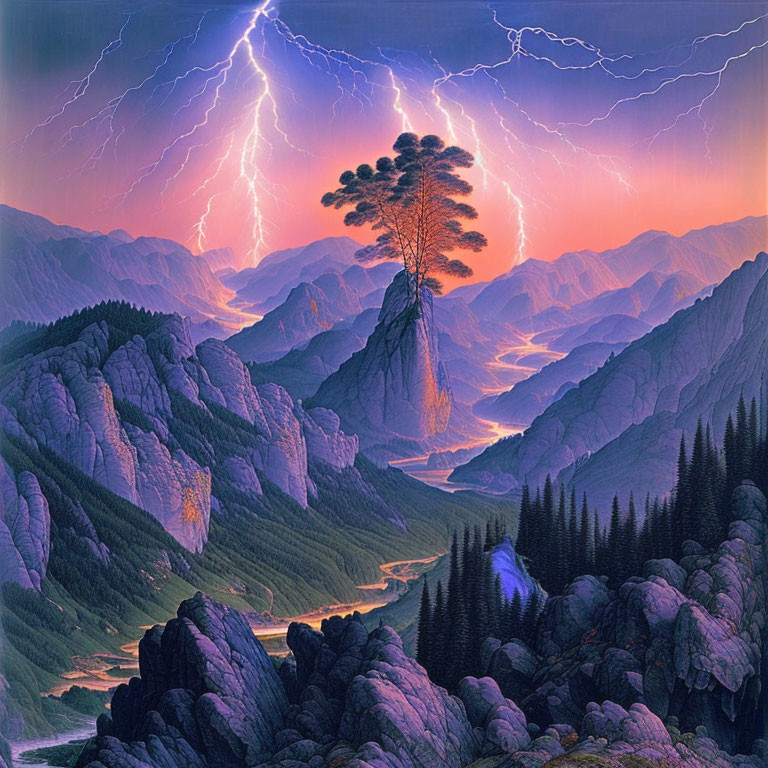 Scenic landscape with lone tree, lightning, pink mountains, and river