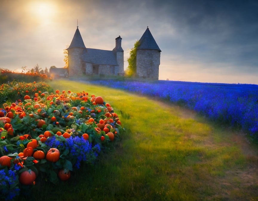 Stone house with twin turrets surrounded by pumpkins and flowers at sunset