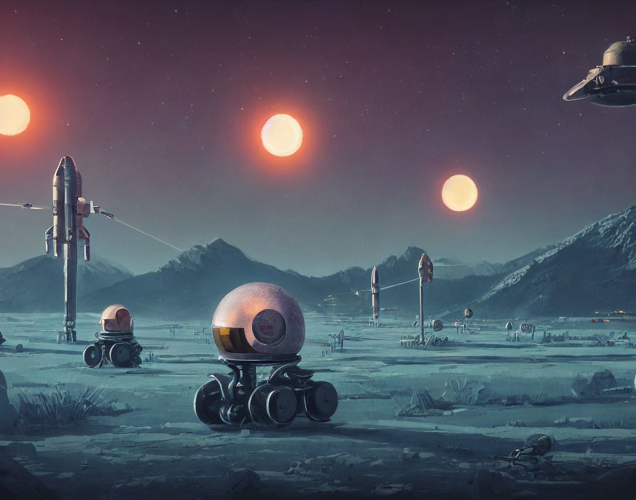 Futuristic sci-fi artwork with robots, spacecraft, and multiple suns on an alien landscape