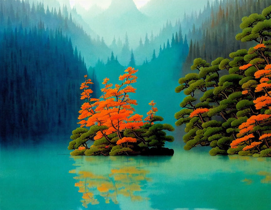 Scenic painting: Vibrant orange trees on islet, reflected in turquoise lake.