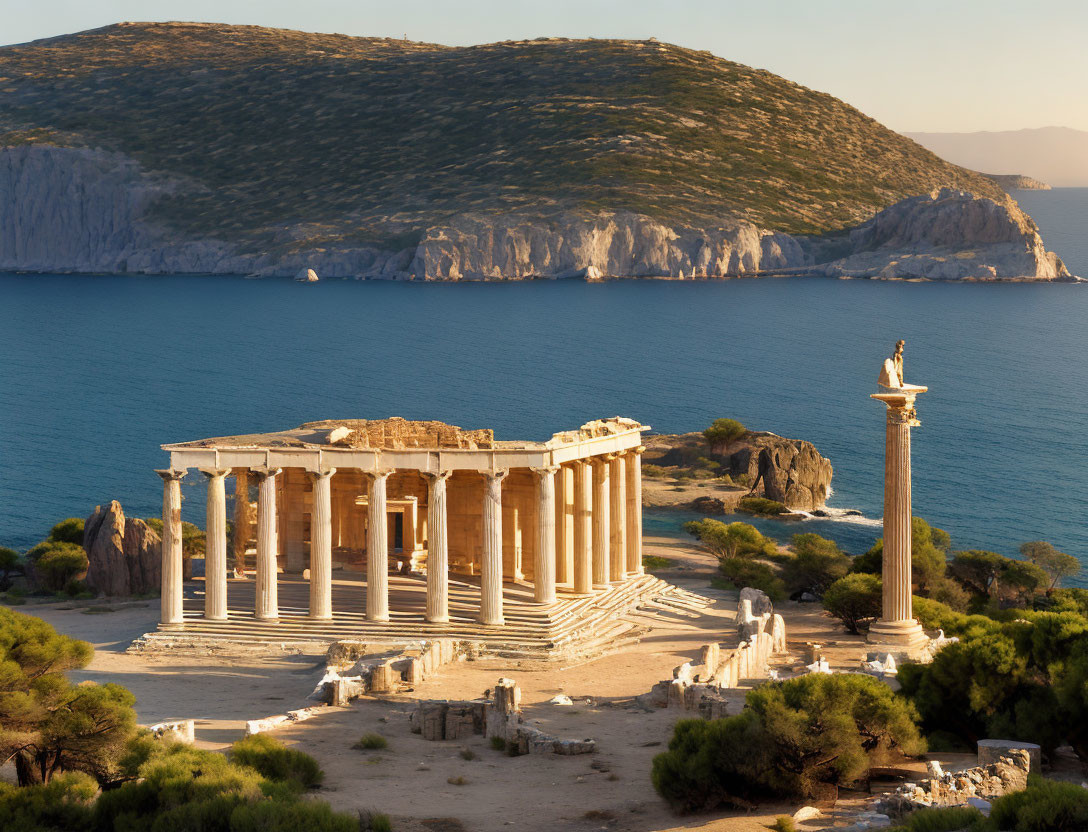 Ancient Greek temple ruins with sea view, statue on column, mountains, greenery - sunset scene