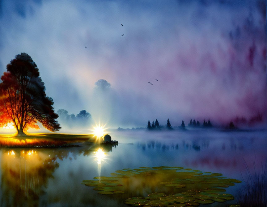 Tranquil lakeside sunrise with mist, colorful sky, birds, and tree reflections