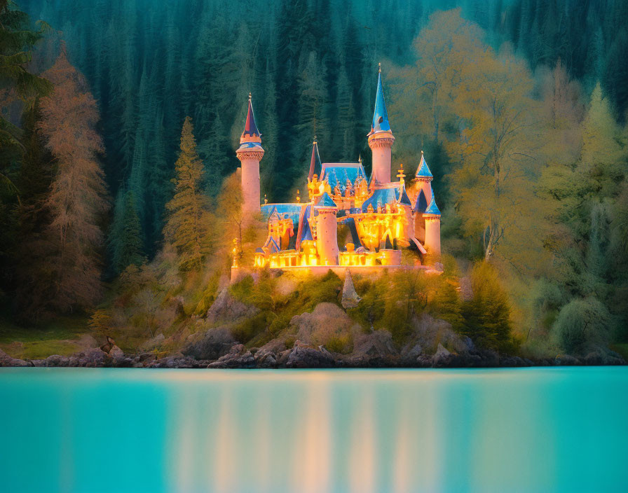 Illuminated fairy-tale castle reflected on tranquil lake at dusk