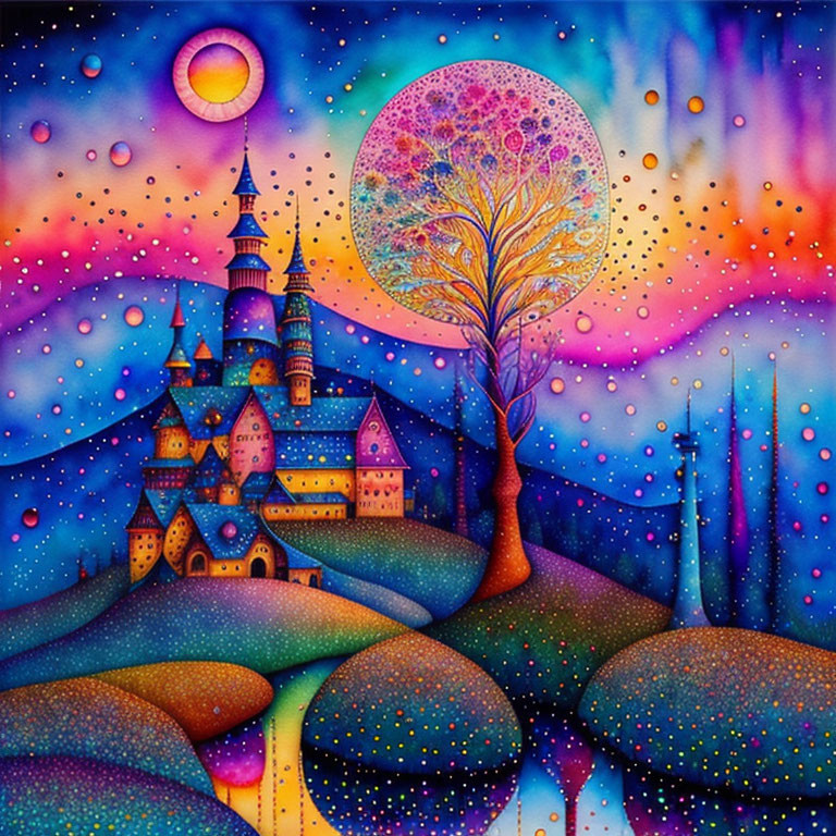 Colorful castle and whimsical tree in fantasy artwork