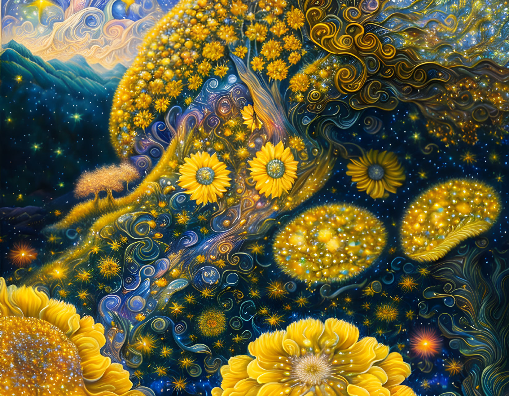 Colorful Artwork: Golden Flowers, Galaxy Patterns, Night Sky