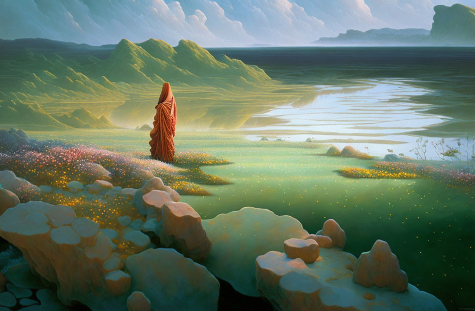 Solitary figure in red cloak gazes at serene landscape