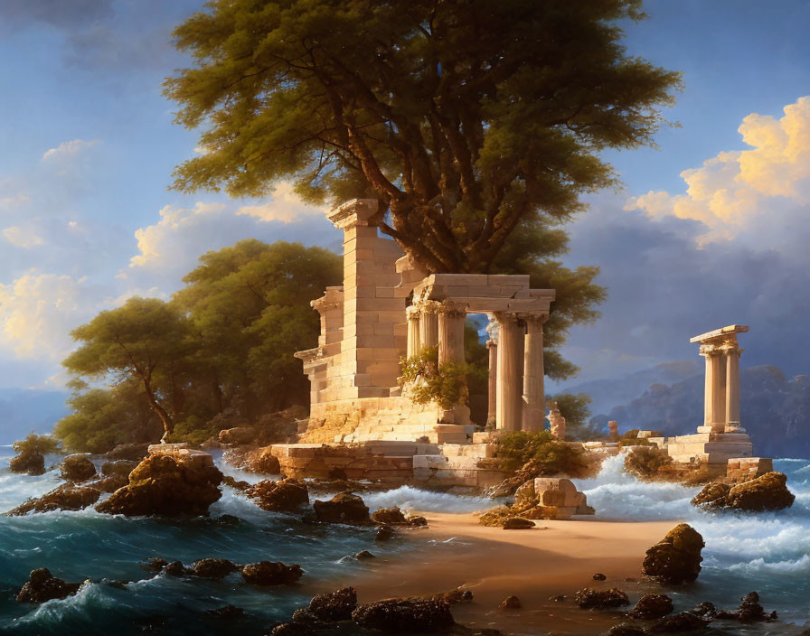 Coastal beach with ancient ruins, crashing waves, and large tree under serene sky