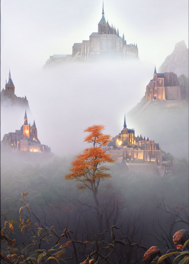 Misty landscape with hilltop castle, orange-leafed tree, and rolling fog