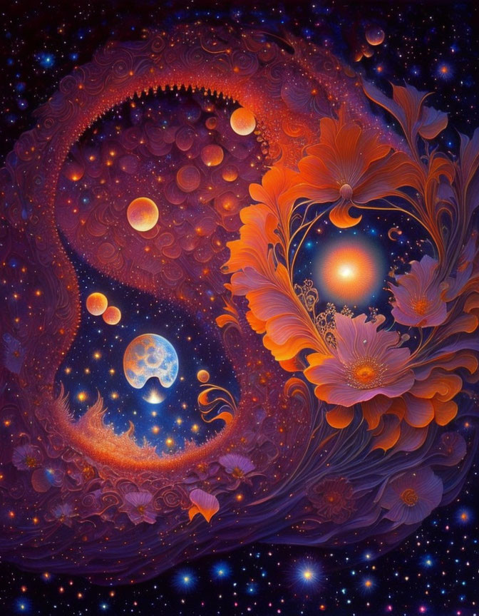 Colorful cosmic artwork: deep blues, oranges, floral patterns, moons, stars