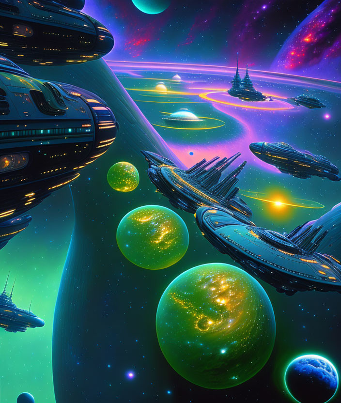 Colorful space scene with futuristic spaceships and celestial bodies