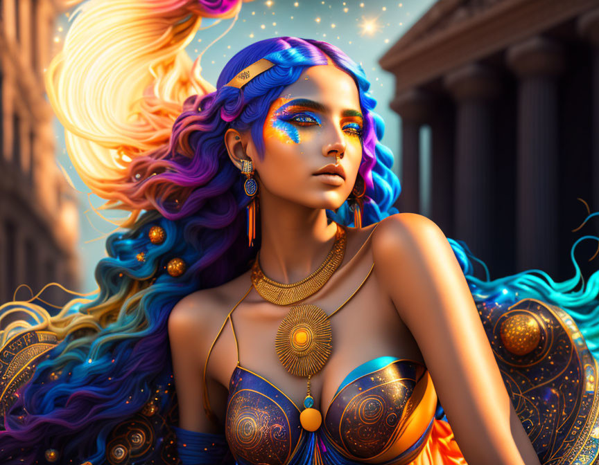 Colorful woman with gold jewelry in celestial setting