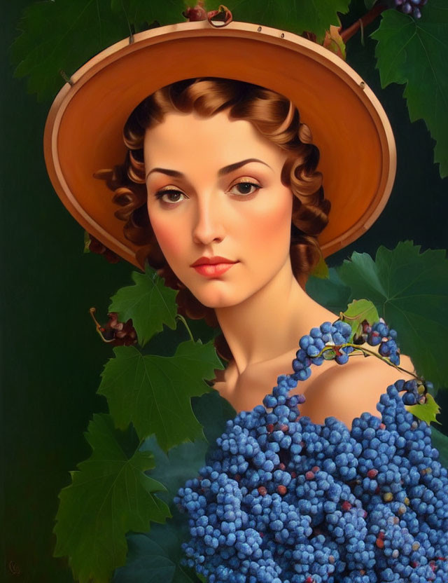 Vintage-Style Painting: Woman with Grape-Adorned Hat & Blueberry Dress