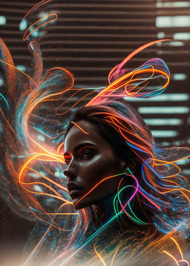 Vibrant neon light streams on woman's profile in digital artwork