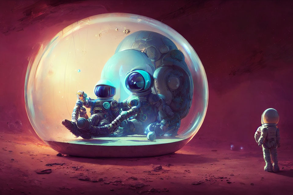 Astronaut and bubble-helmeted robot in red alien landscape