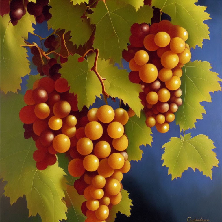 Realistic painting of lush green grapevines with ripe golden grapes on dark background