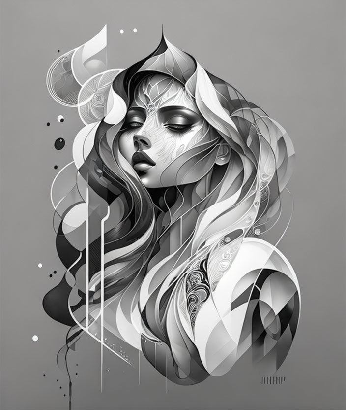 Monochromatic stylized woman with flowing hair and abstract patterns