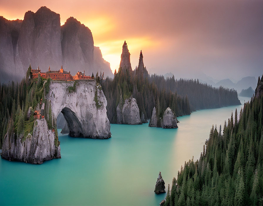 Tranquil lake, pine trees, mountains, castle on rocky arch at sunset