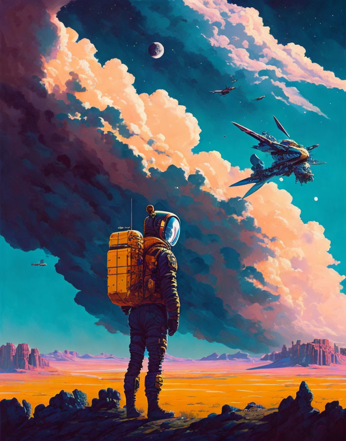 Astronaut with yellow pack on purple alien landscape with flying spaceships