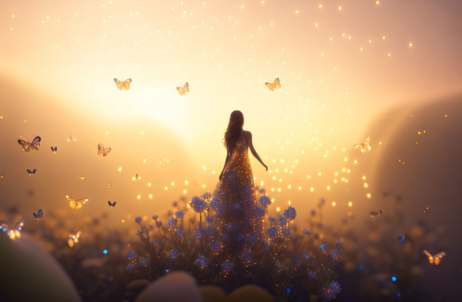 Woman Surrounded by Glowing Flowers and Butterflies in Warm Light