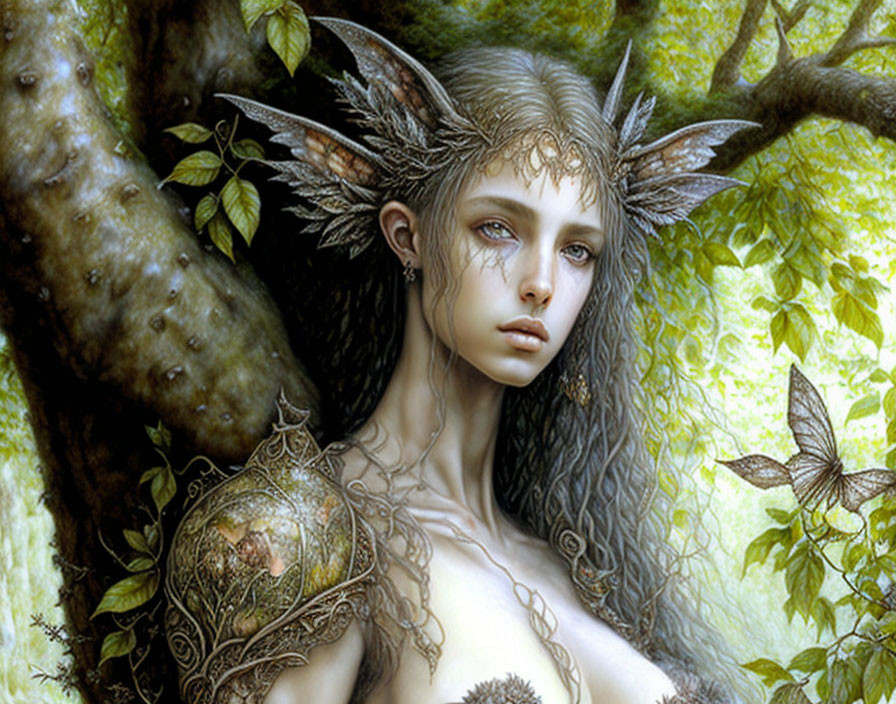 Fantasy illustration of female figure with leaf-like ears and intricate horns holding heart-shaped ornament in lush green